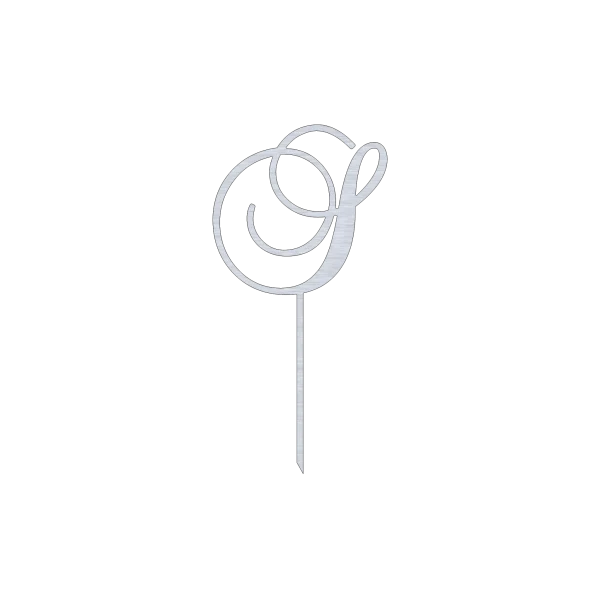 Elegant 'S' monogram cake topper in a swirl script design, crafted from high-quality aluminum with a natural finish, measuring 6 inches wide and 12 inches high.
